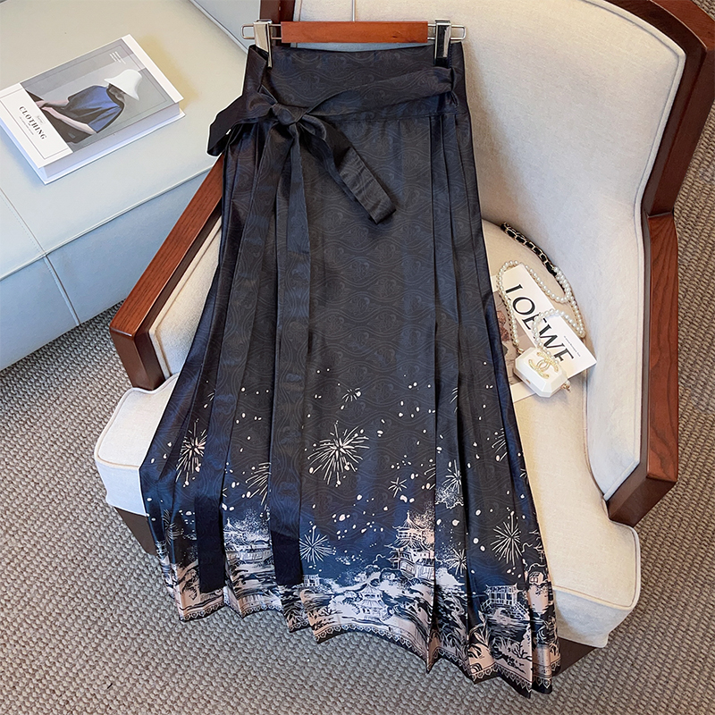 Chinese style long spring light ink skirt