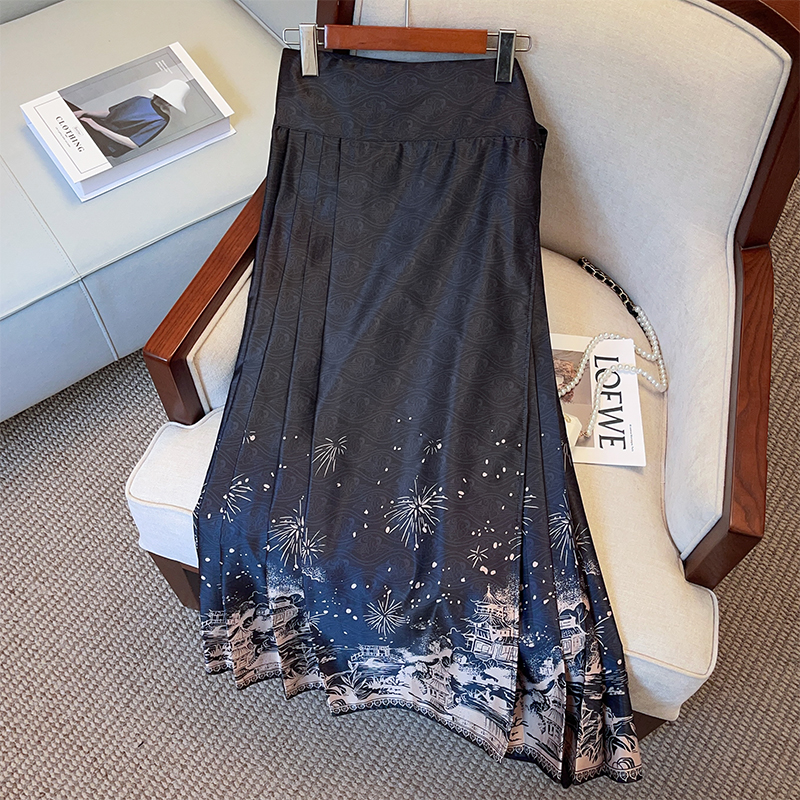 Chinese style long spring light ink skirt
