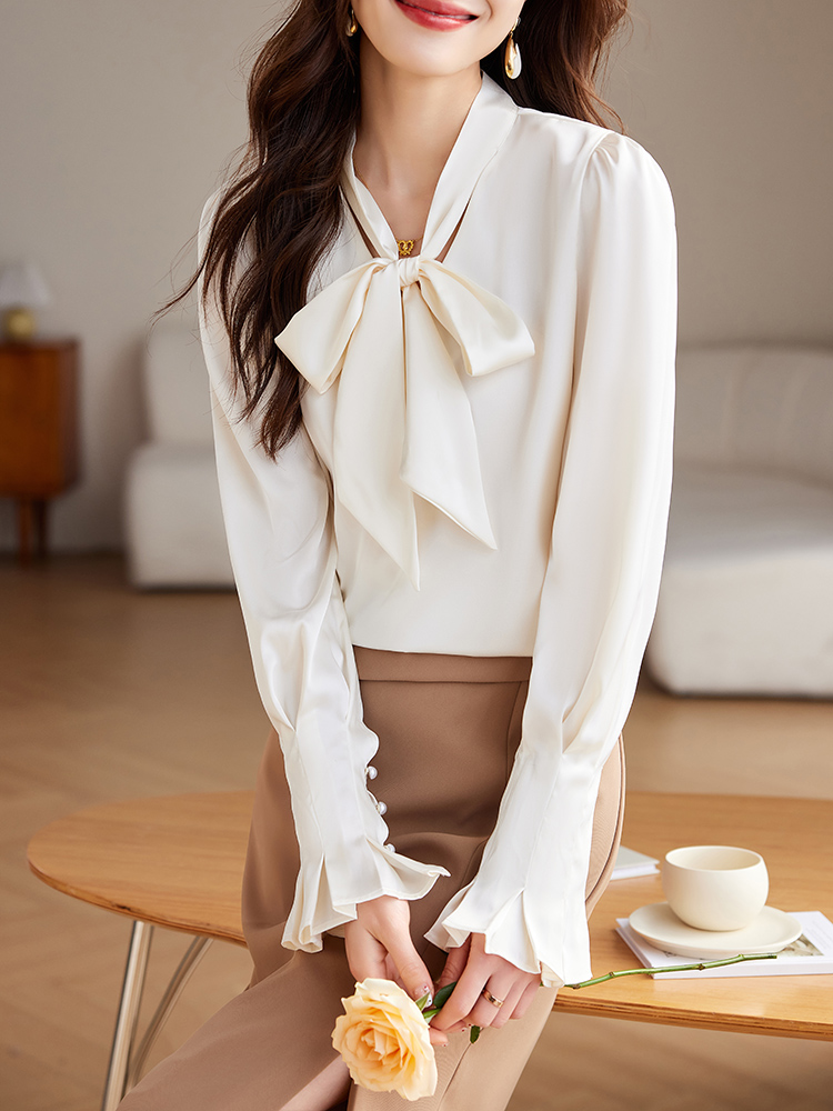 France style long sleeve tops temperament V-neck shirt for women