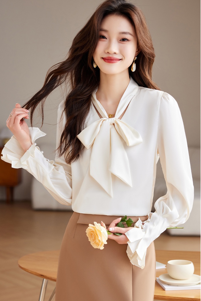 France style long sleeve tops temperament V-neck shirt for women