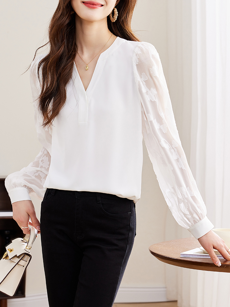 White all-match long sleeve chiffon shirt for women