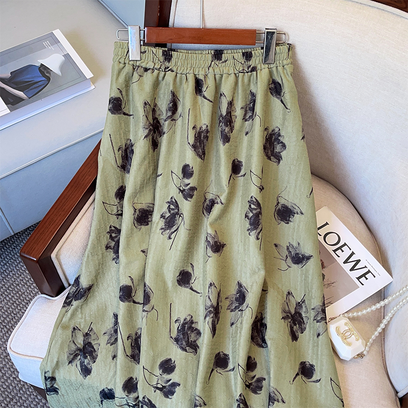 High waist flowers retro ink big skirt printing A-line skirt