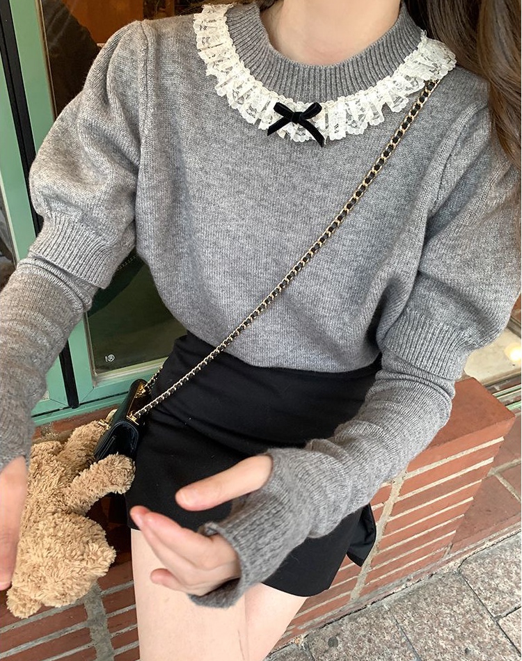 Lace collar lace puff sleeve tops knitted winter sweater