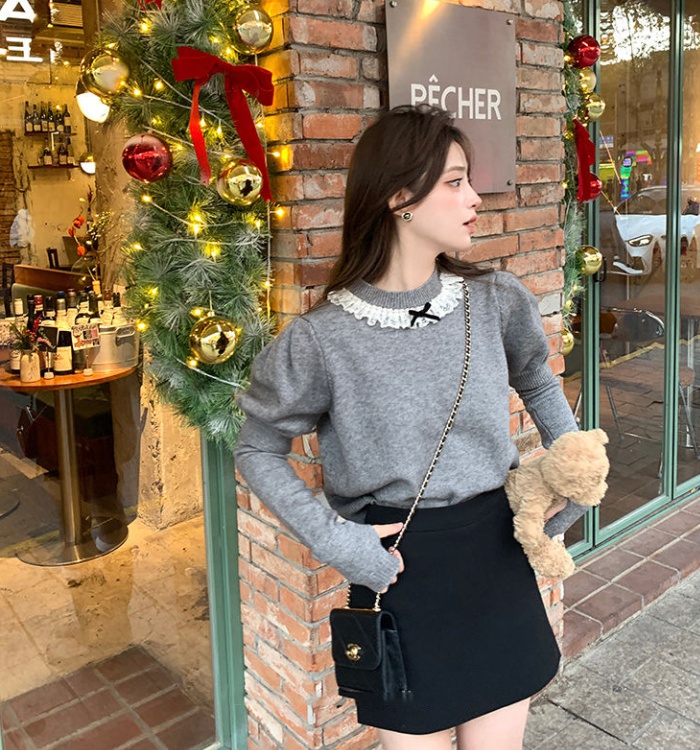 Lace collar lace puff sleeve tops knitted winter sweater