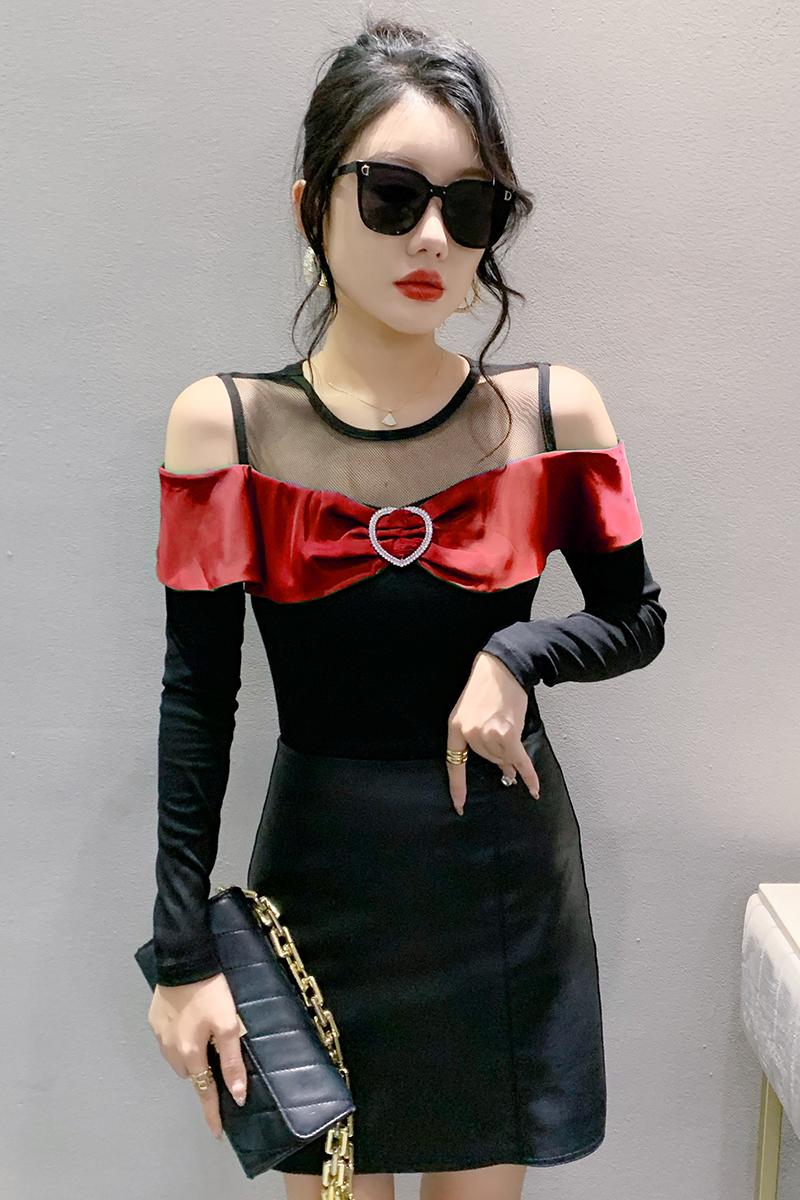 Spring and autumn strapless splice T-shirt for women