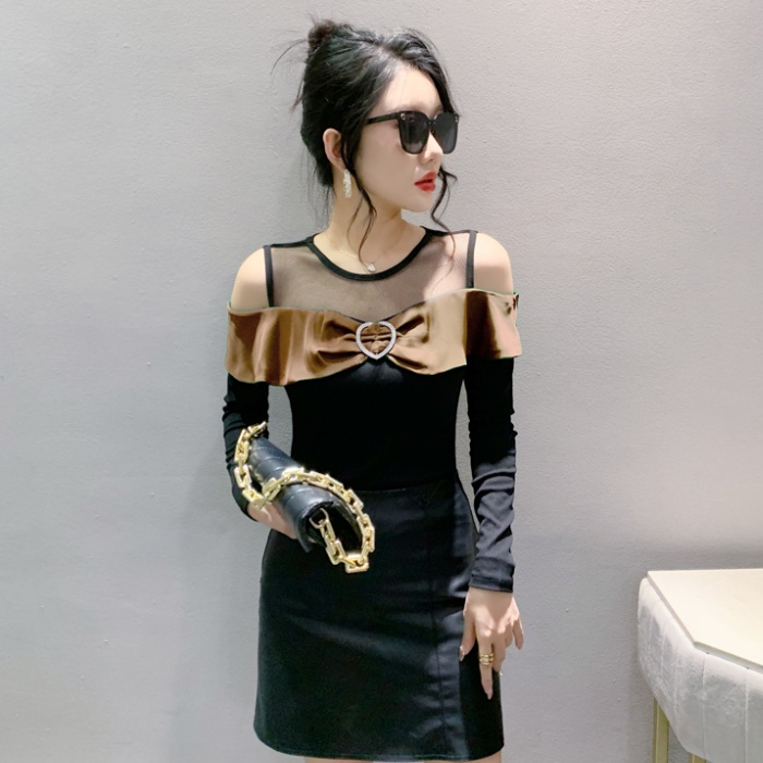 Spring and autumn strapless splice T-shirt for women