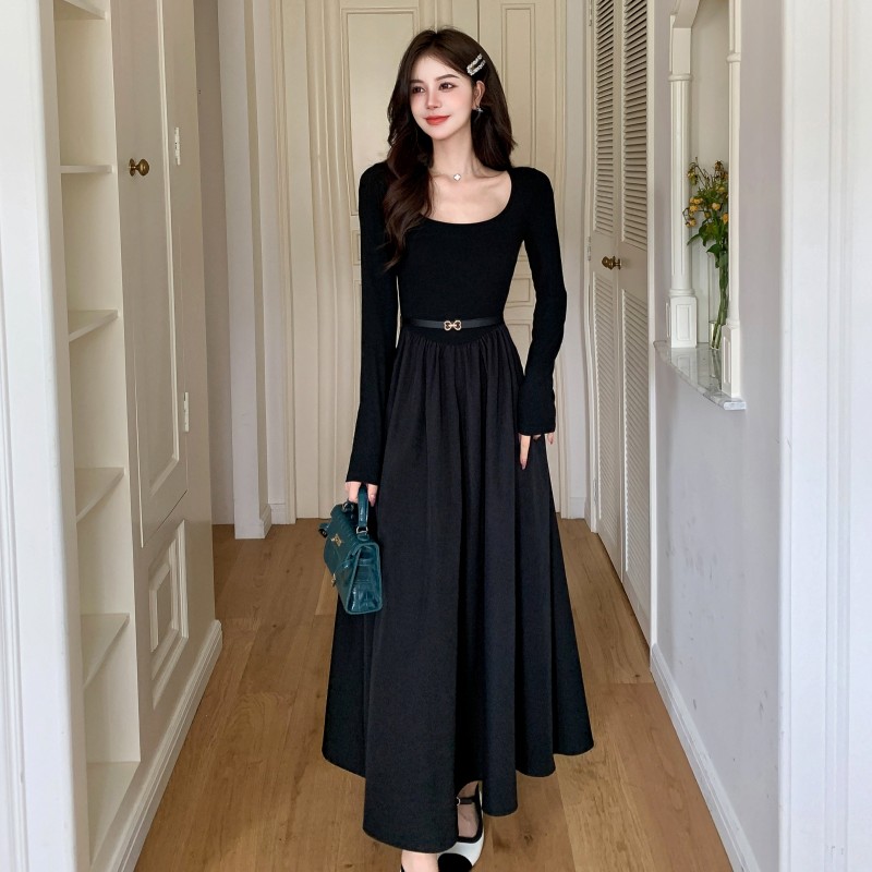 Slim round neck dress Hepburn style black long dress