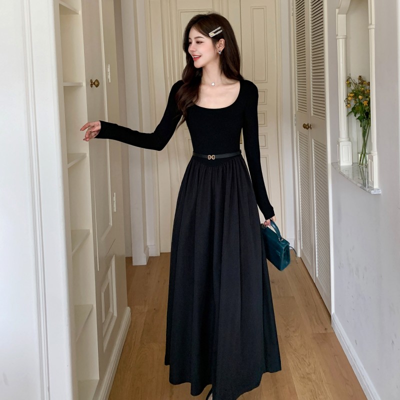 Slim round neck dress Hepburn style black long dress