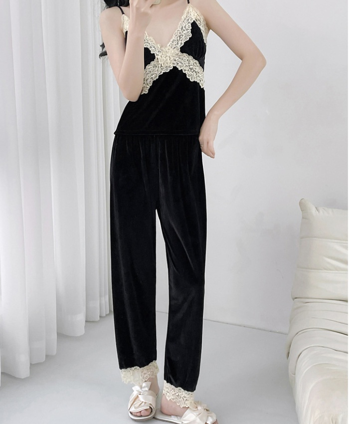 Lace spring and autumn with chest pad pajamas 3pcs set for women