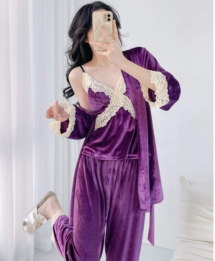 Lace spring and autumn with chest pad pajamas 3pcs set for women