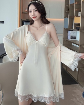 Sling lace nightgown sexy night dress 2pcs set