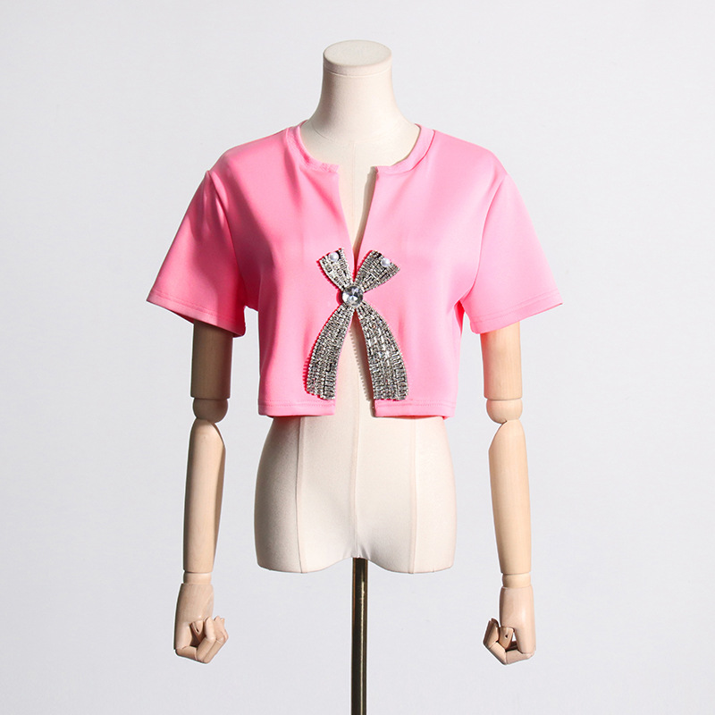 Sequins short sleeve T-shirt bow summer tops for women
