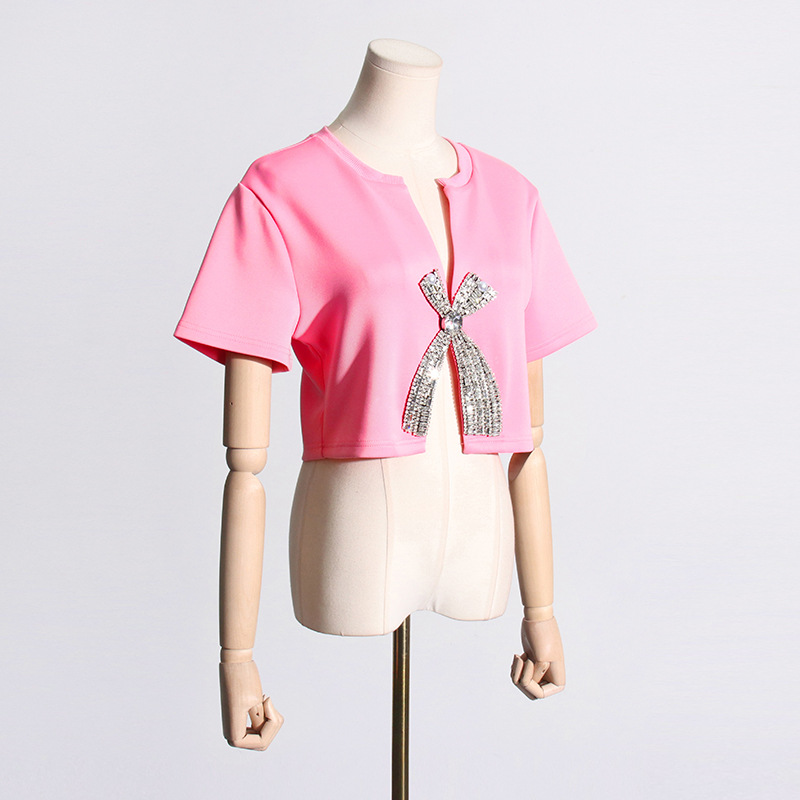 Sequins short sleeve T-shirt bow summer tops for women