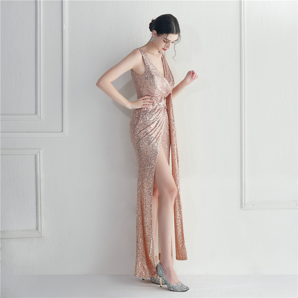 Model sequins evening dress long perform formal dress