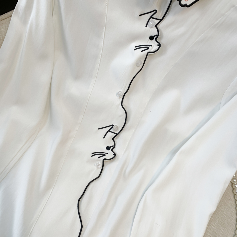 Korean style kitty embroidery white spring shirt