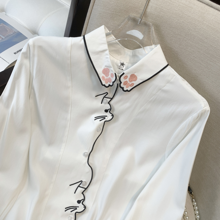 Korean style kitty embroidery white spring shirt