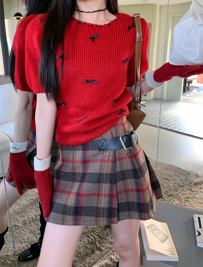 Plaid woolen bow sweater pleated knitted sleeve skirt 2pcs set