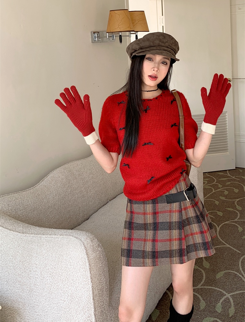 Plaid woolen bow sweater pleated knitted sleeve skirt 2pcs set
