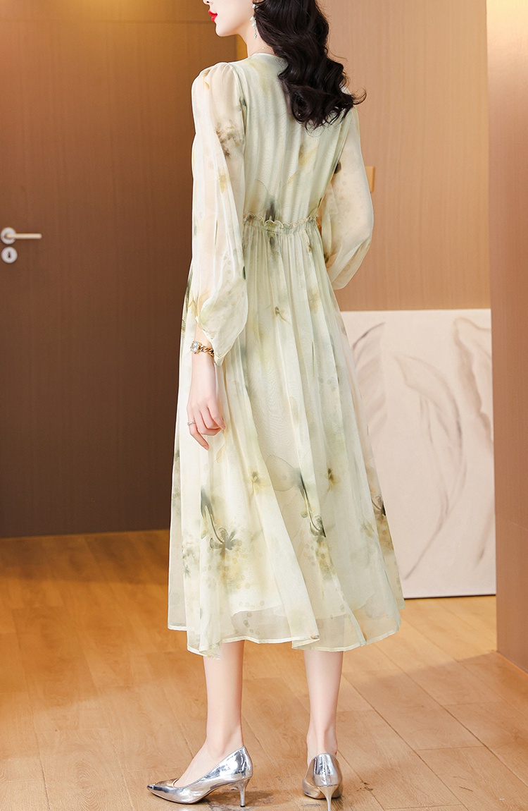 Silk printing real silk pinched waist dress for women
