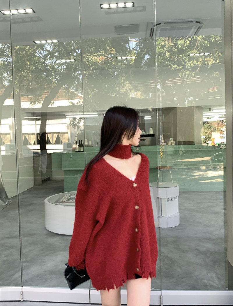 Red tassels loose sweater knitted niche V-neck tops