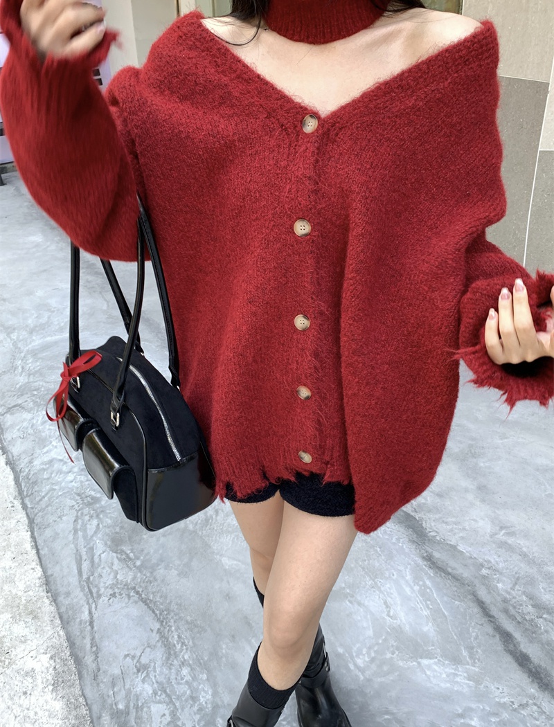 Red tassels loose sweater knitted niche V-neck tops