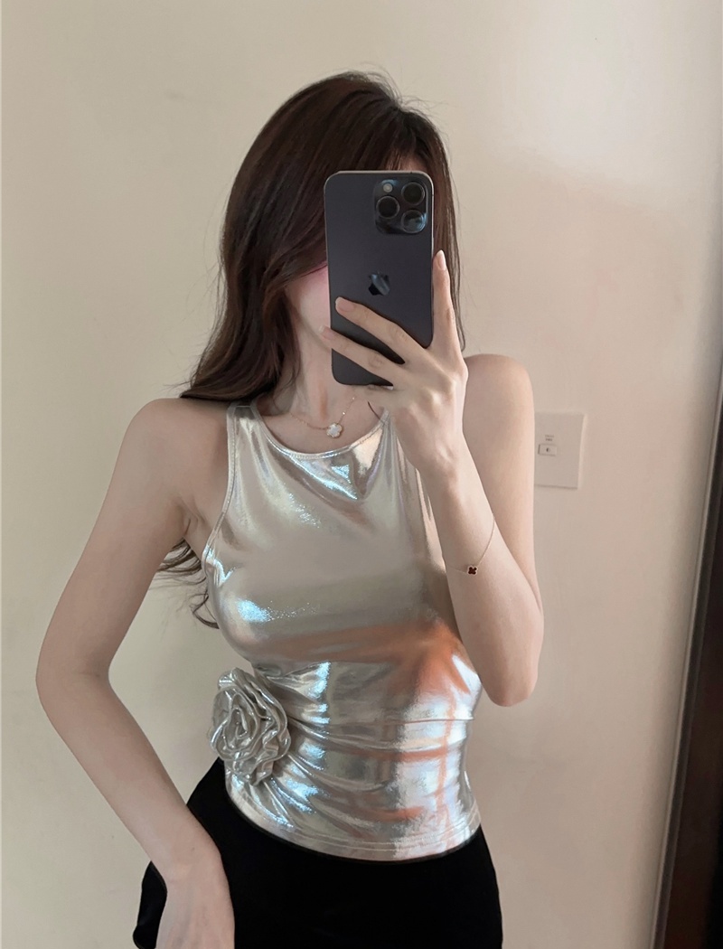 Tight sleeveless sexy tops stereoscopic silver rose vest