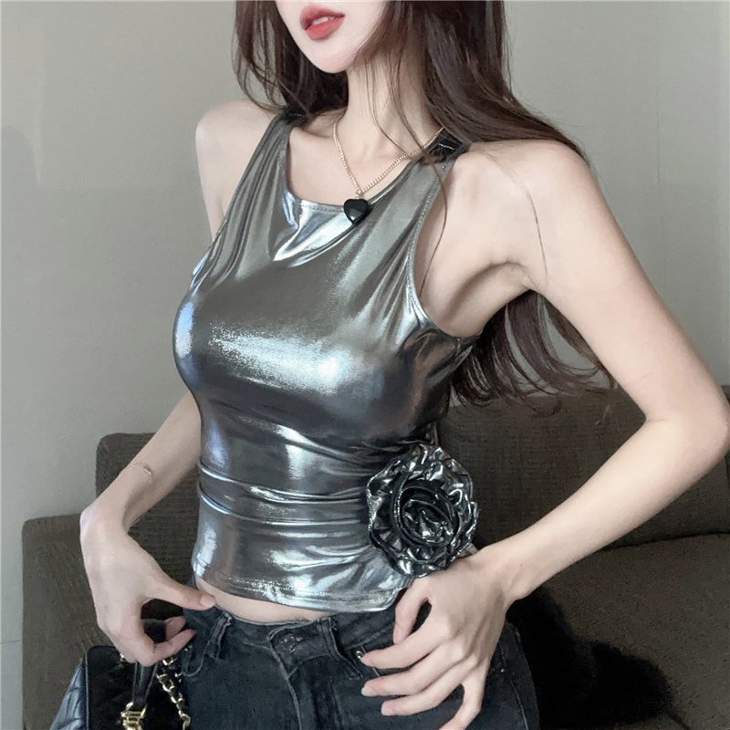 Tight sleeveless sexy tops stereoscopic silver rose vest