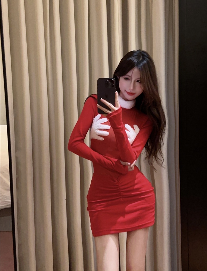 Spicegirl red long sleeve package hip sexy tight dress