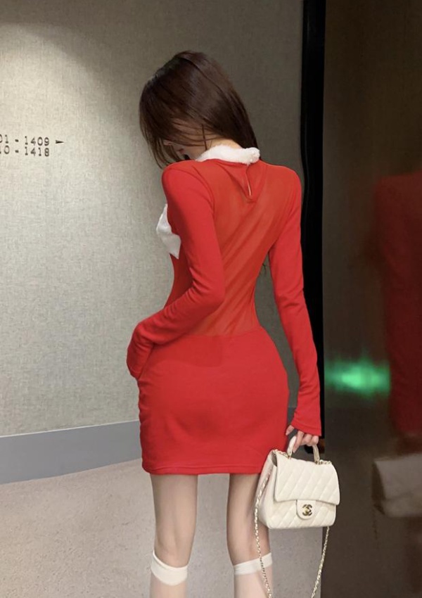Spicegirl red long sleeve package hip sexy tight dress