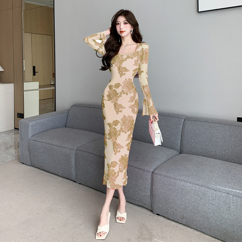 Gauze long sleeve dress printing long dress for women