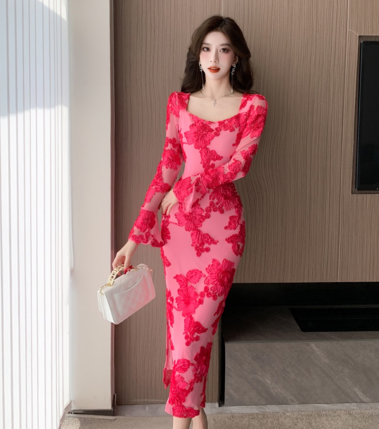 Gauze long sleeve dress printing long dress for women