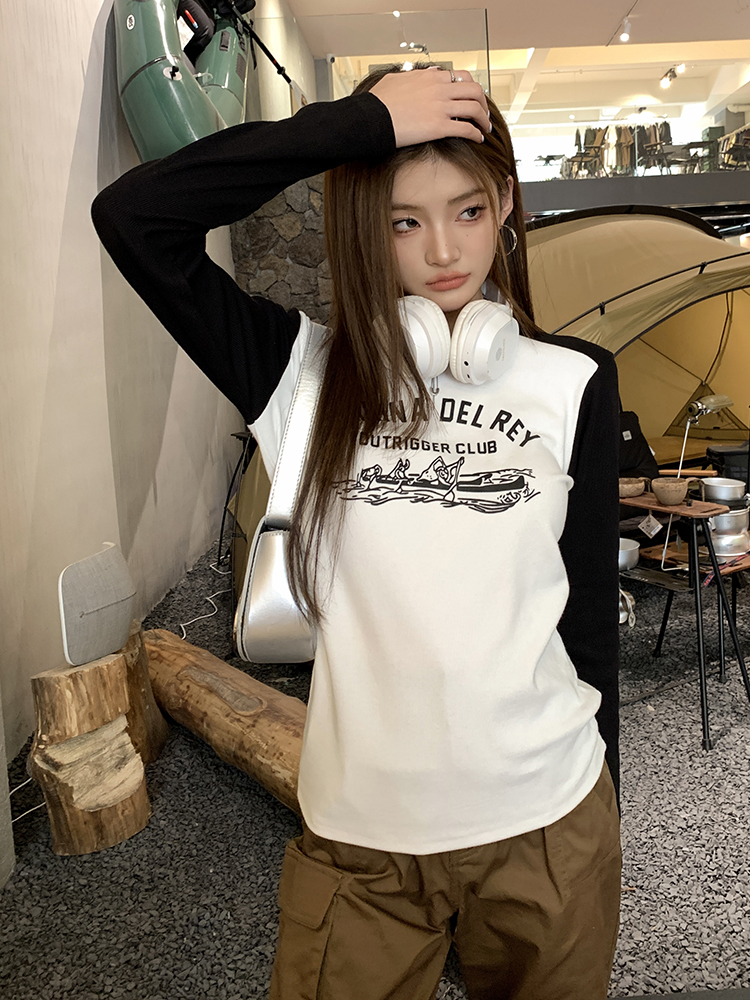 Loose American style T-shirt splice printing tops for women