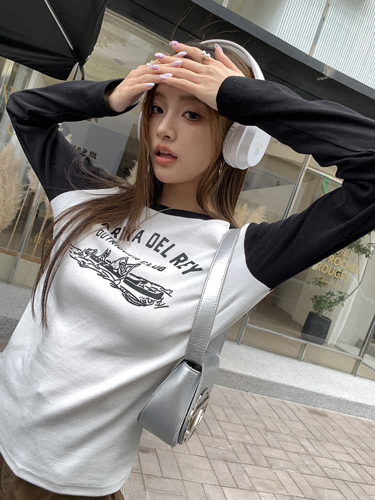 Loose American style T-shirt splice printing tops for women