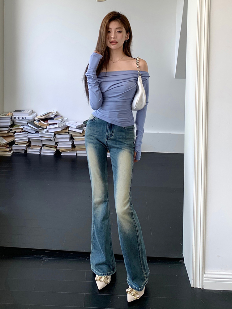 Retro American style long pants show high jeans for women