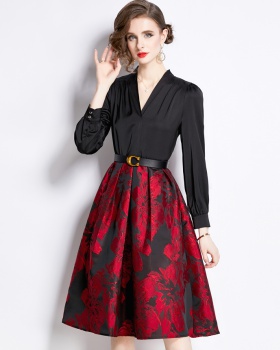 A-line with belt Pseudo-two spring jacquard dress