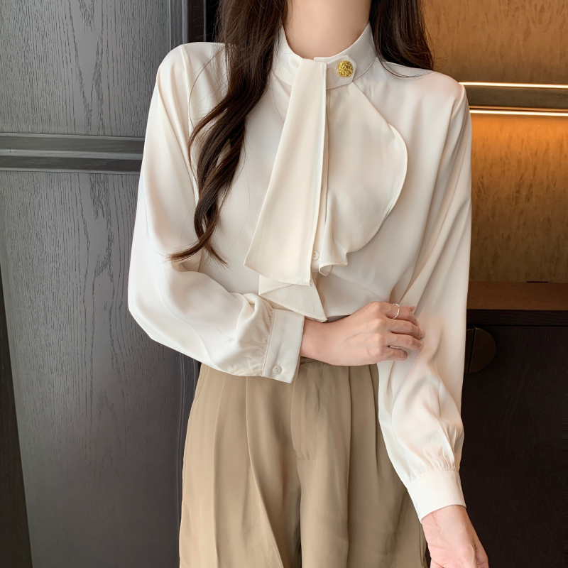 Spring fashion satin tops simple long sleeve shirt for women
