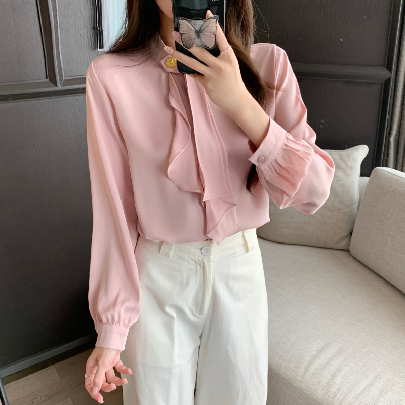 Spring fashion satin tops simple long sleeve shirt for women