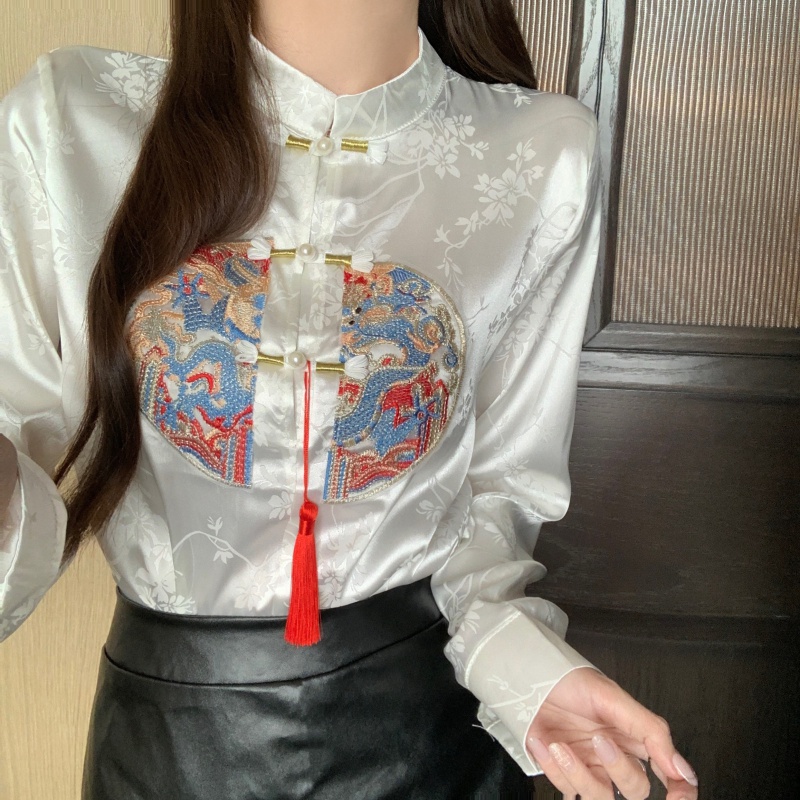 Retro stand collar tops jacquard shirt for women