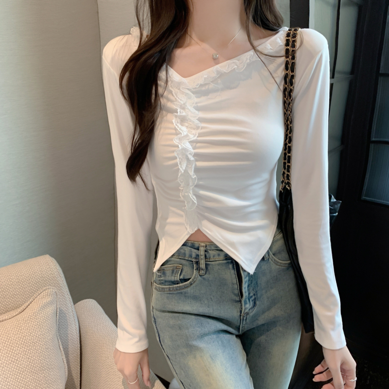 Slim splice Korean style oblique collar T-shirt for women