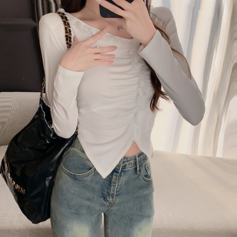 Slim splice Korean style oblique collar T-shirt for women