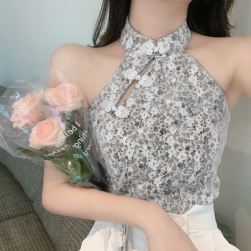 Halter embroidered vest floral spring tops for women