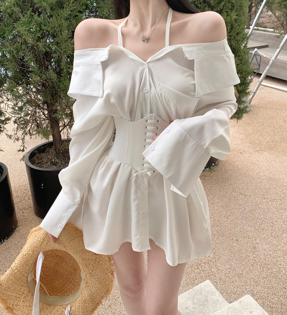 Spring France style shirt strapless puff sleeve dress