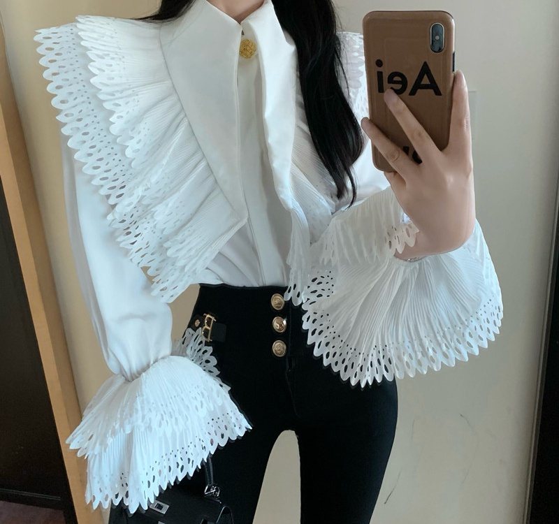 France style crimp trumpet sleeves pointed collar shirt for women