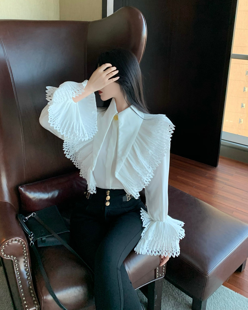 France style crimp trumpet sleeves pointed collar shirt for women