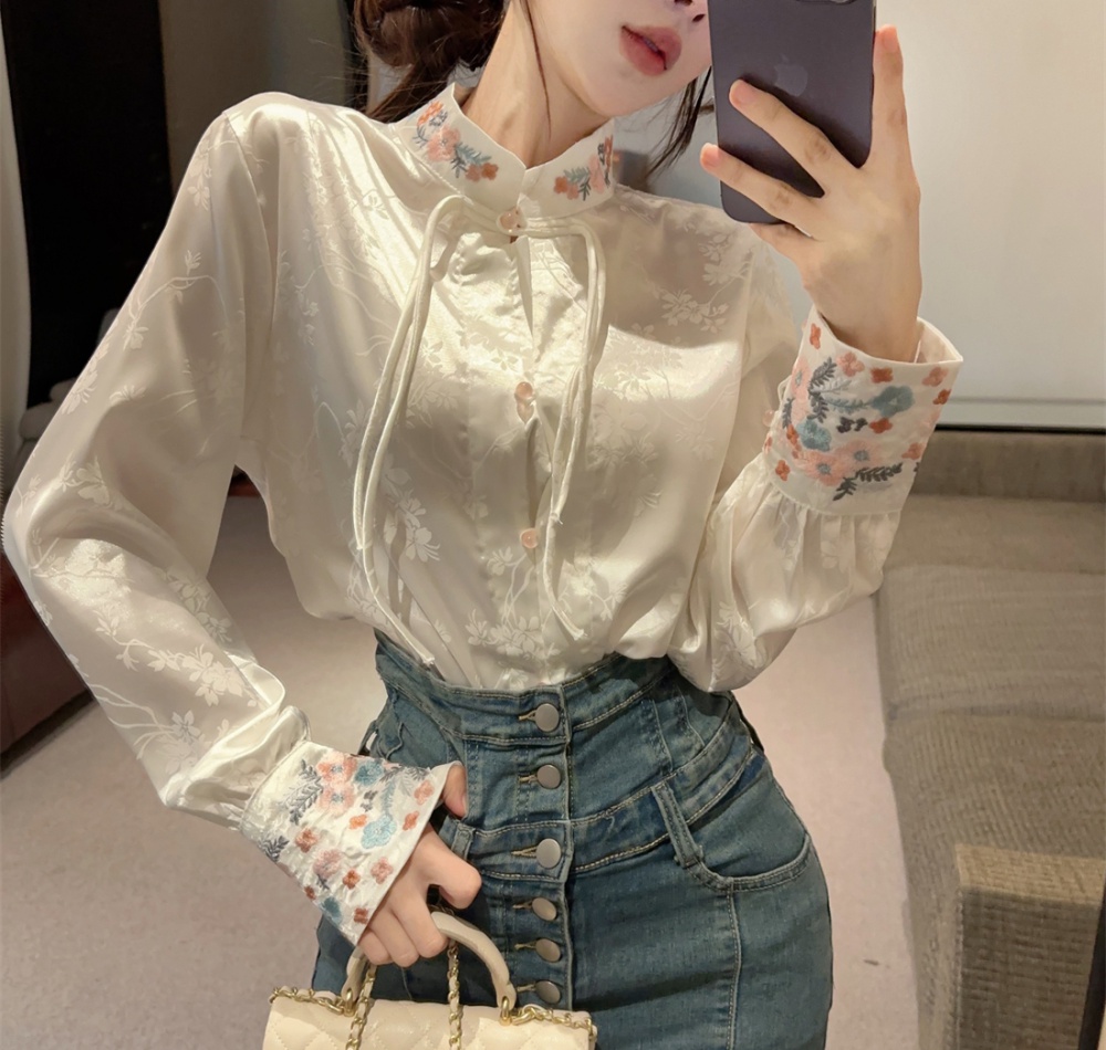 Chinese style spring shirt embroidery satin tops for women