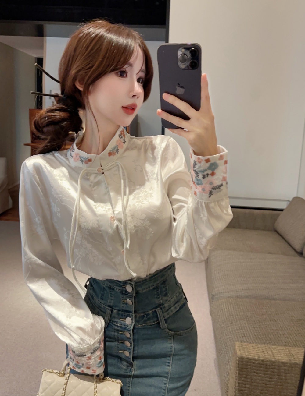 Chinese style spring shirt embroidery satin tops for women