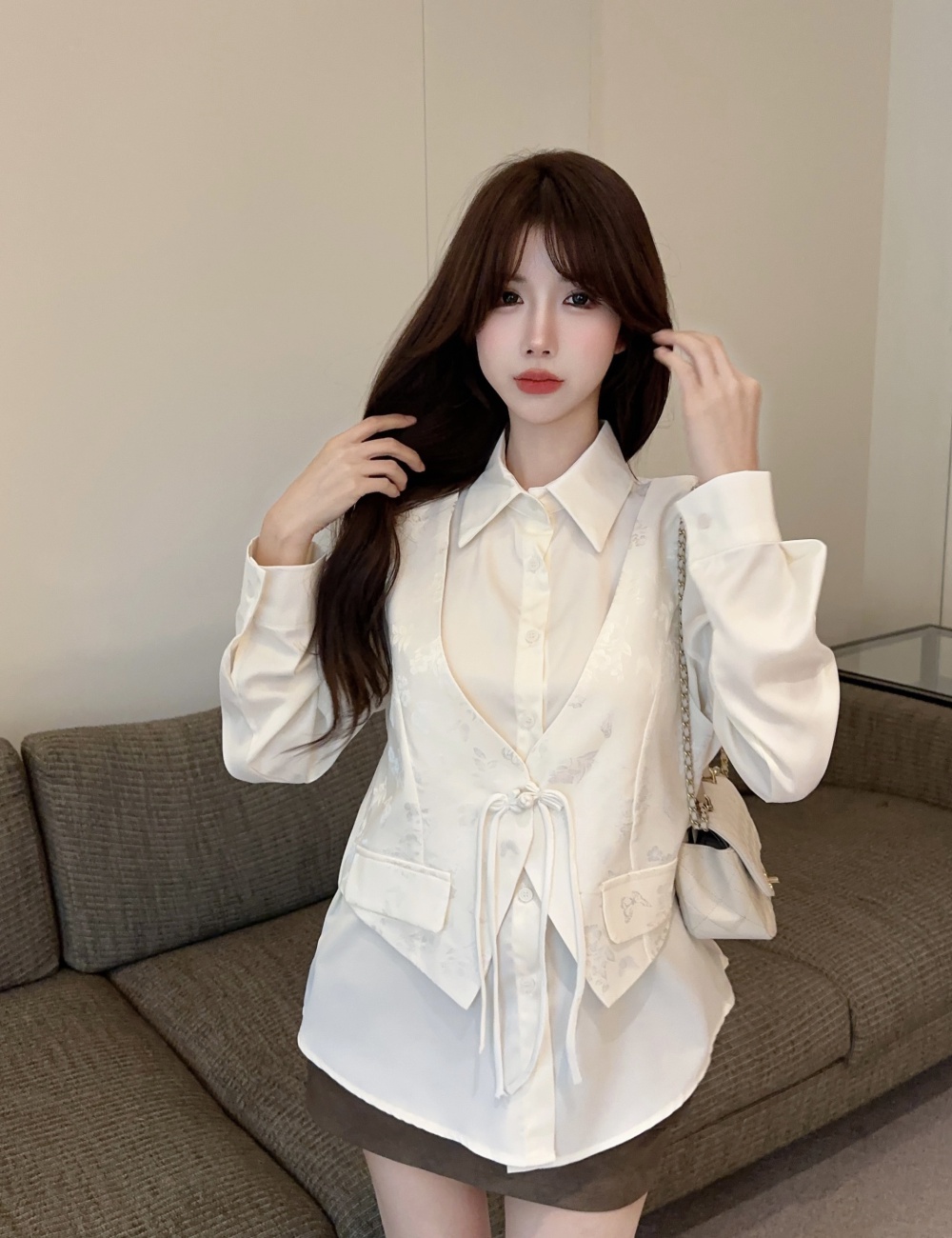 Pseudo-two splice shirt long sleeve Chinese style waistcoat
