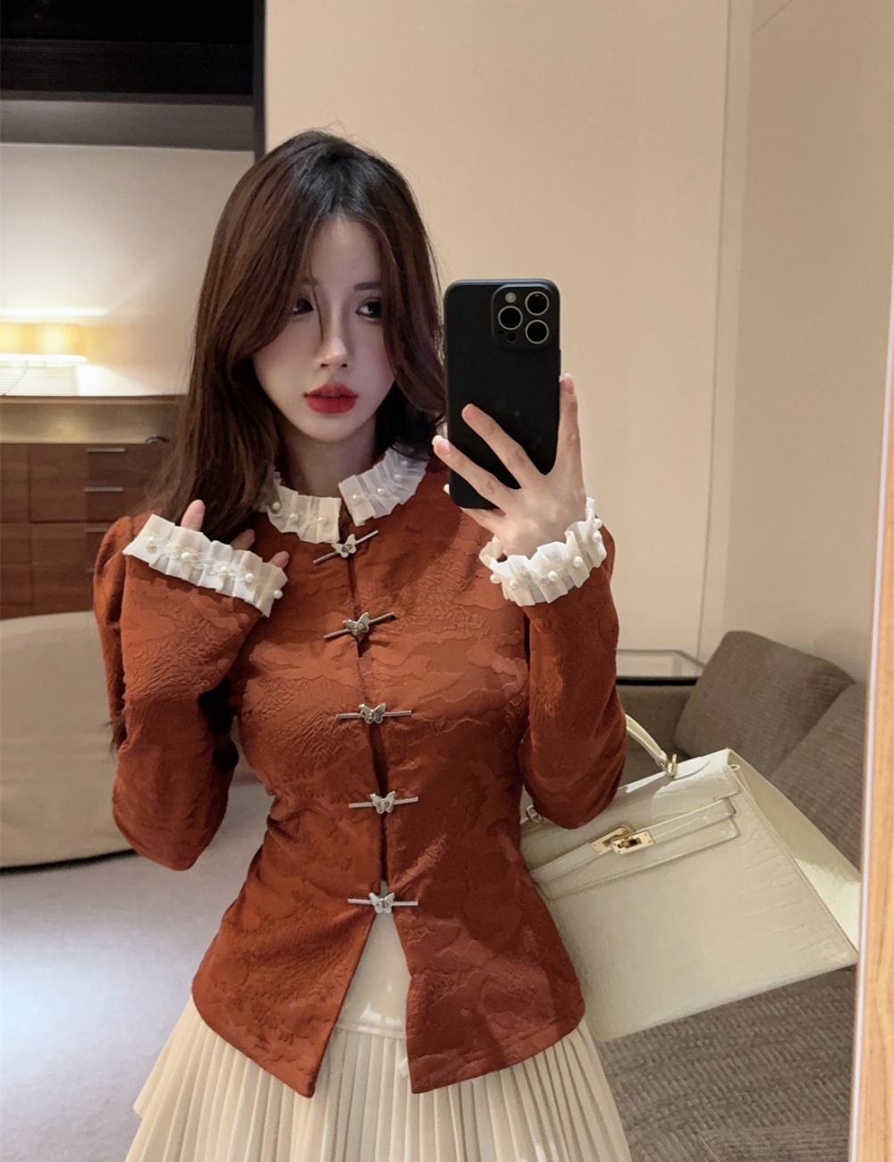 Puff sleeve jacquard small shirt bow tops for women