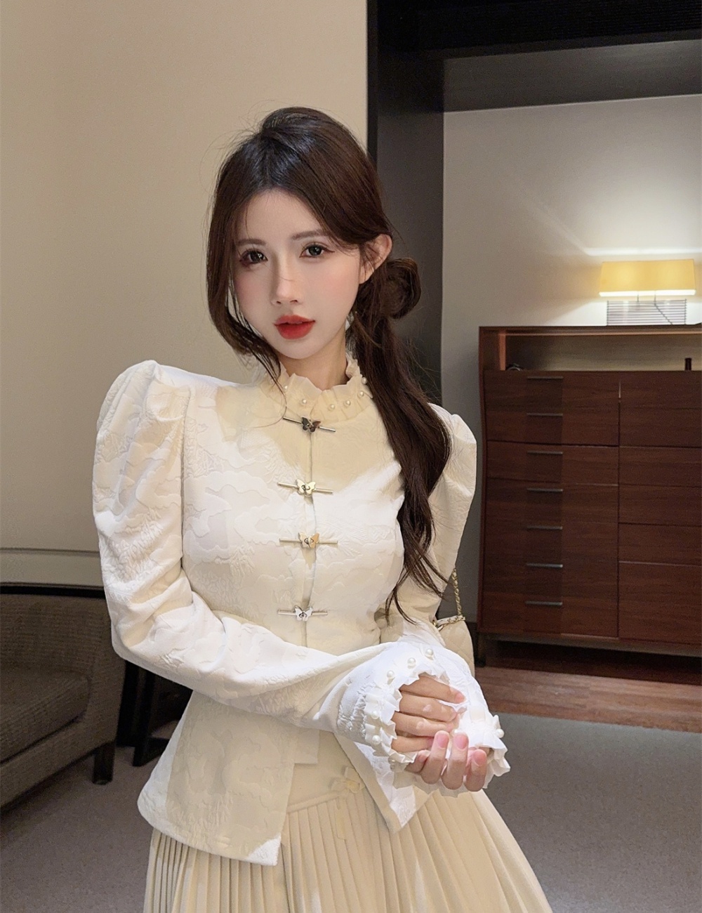 Puff sleeve jacquard small shirt bow tops for women