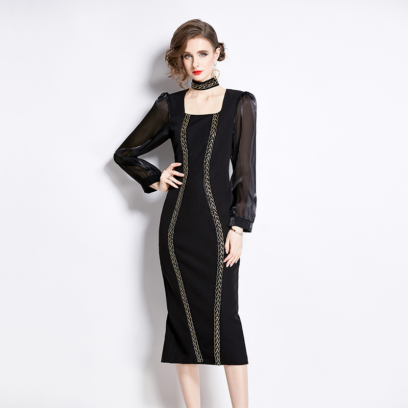 Package hip slim elegant niche long sleeve dress for women